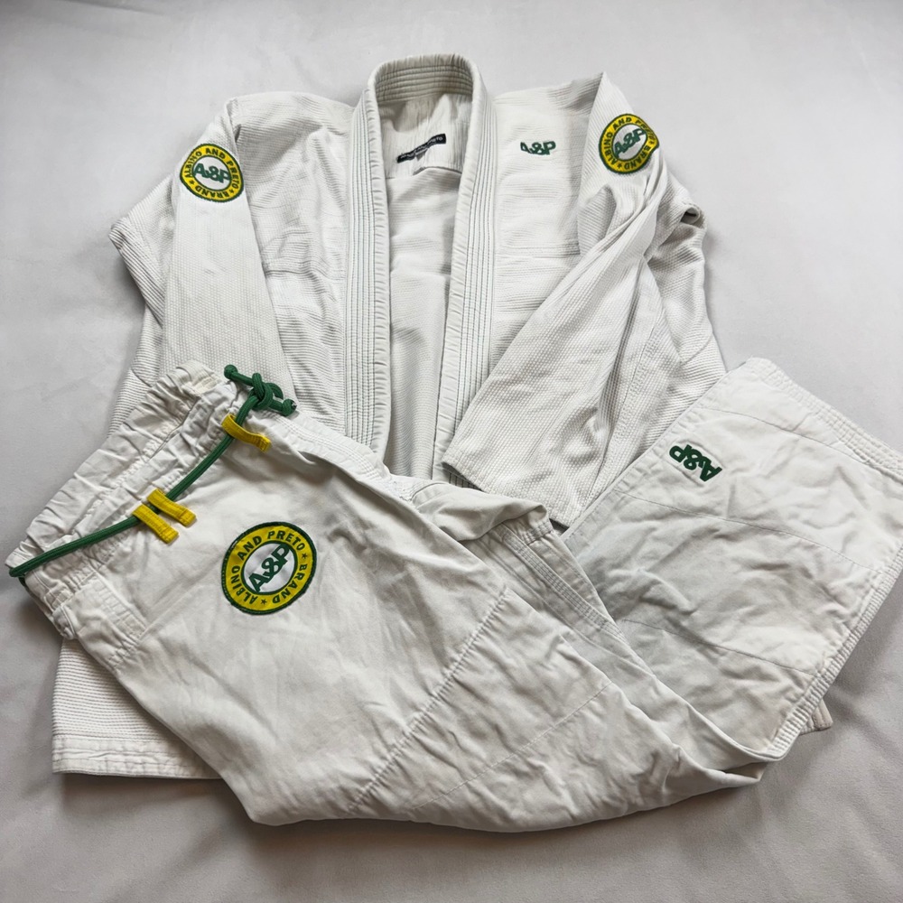 Albino and Preto A2L BJJ Gi White Green Yellow Brazilian Jiu Jitsu Kimono Set